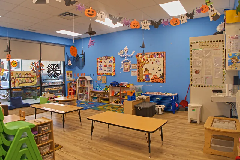 Blue room set up for group activities