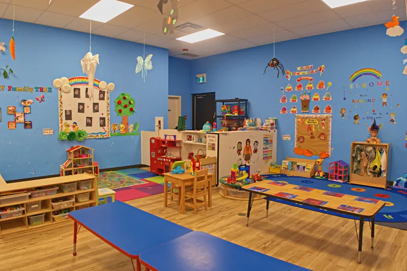 Blue room with a family tree wall and play stations